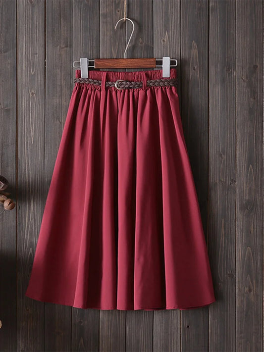 Midi Knee Length Summer Skirt Women With Belt 2025 Fashion Korean Ladies High Waist Pleated A-line School Skirt Female
