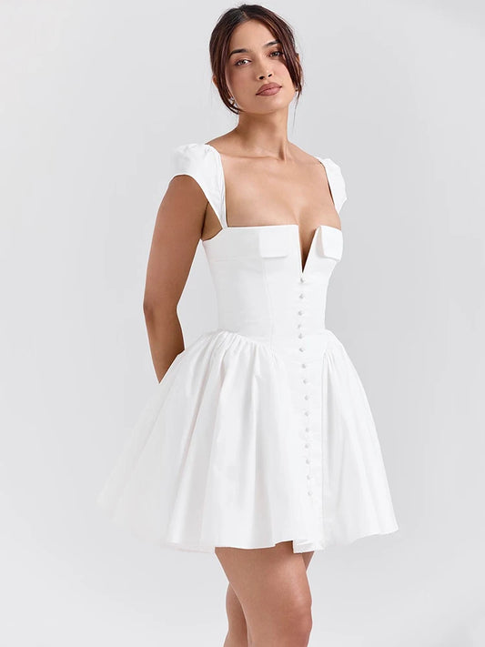 White Backless Sexy Mini Dress For Women Fashion Square Collar Short Sleeve High Waist A-line Club Party Sexy Dress