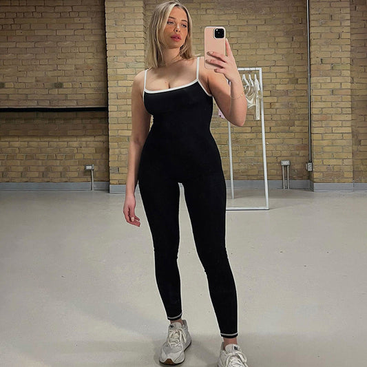 Women Clothing Edge Adjustable Sling Jumpsuit Contrast Color Tight Sexy Yoga Sports One Piece Trousers