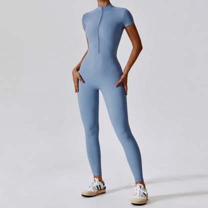 Zipper Short Sleeve Nude Feel Yoga Jumpsuit Women Outer Wear Fitness Sports One Piece Tights