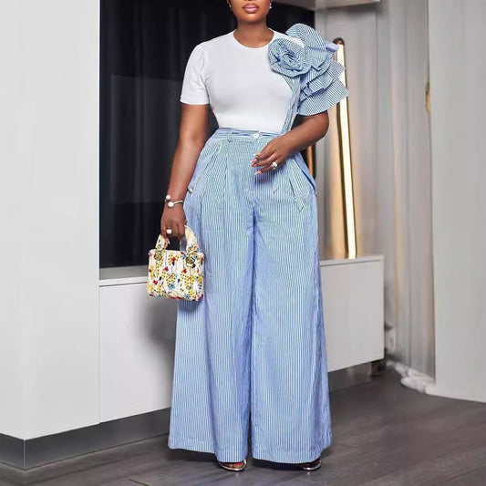 Round Neck Short Sleeve Striped Contrast Color Wide Leg Pants Two Piece Sets