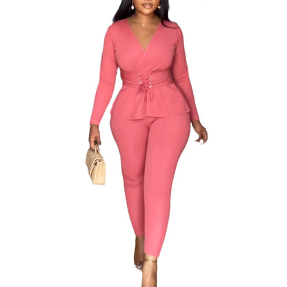 Solid Color V neck Waist Tight Stretch Long Sleeve Blouse Two Piece Pants Sets