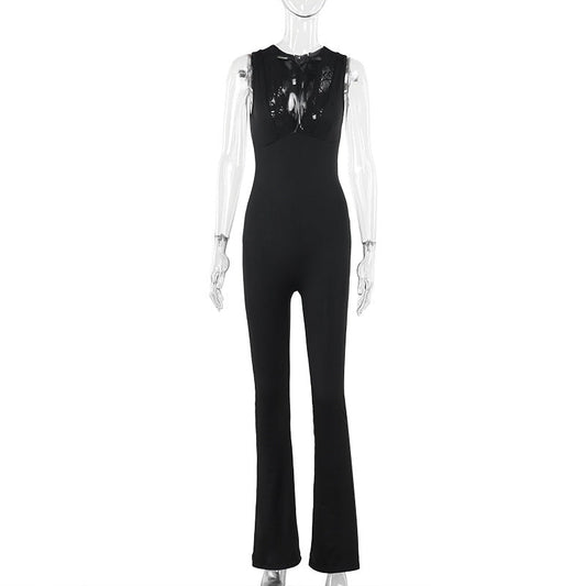 Fall Street Sexy V neck Lace One Piece Bell Bottom Pants