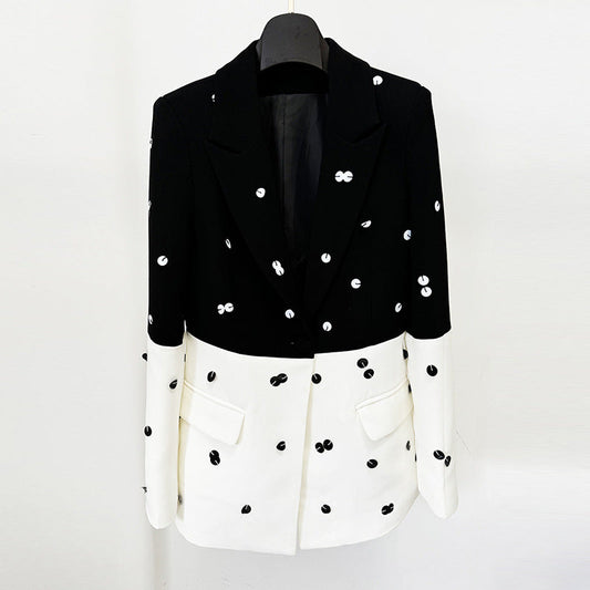Star Fashionable Sequ Beaded Color Matching Blazer Fishtail Long Skirt