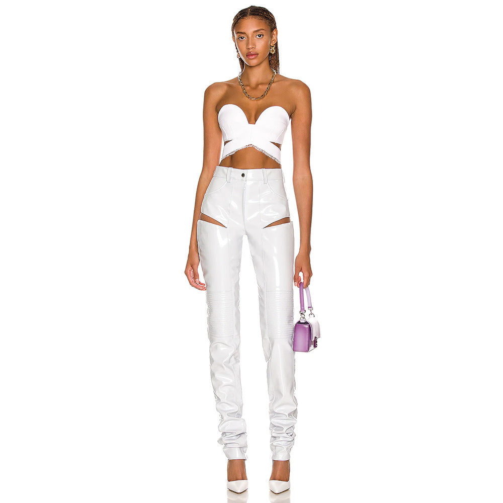 White Low Elastic Lace Lace Collared Blouse Open Faux Leather Hollow Out Cutout Out Trousers Sexy Stretch Two Piece Set Casual Suit