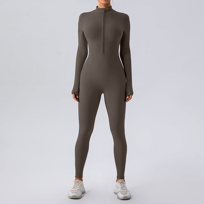 Zipper Nude Feel Long Sleeve Yoga Jumpsuit Women Sports Fitness Training Dance One Piece Bodysuit