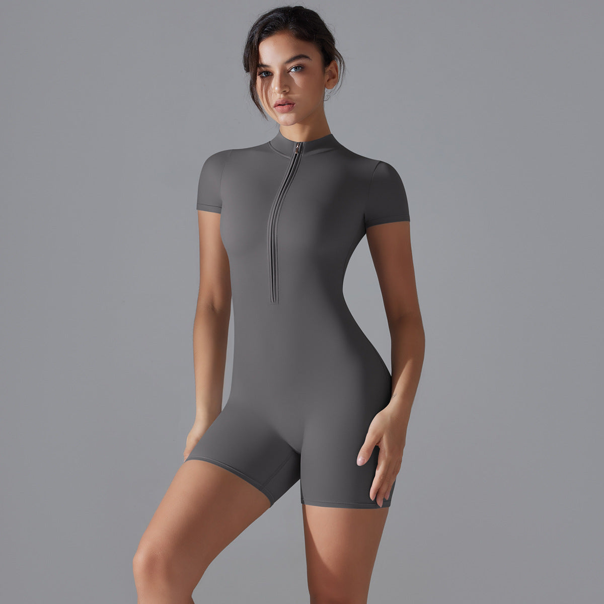 Summer Solid Color Zipper Short Sleeve Slim Fit Yoga Wear One Piece Women Dance Fitness Tight Sports Jumpsuit