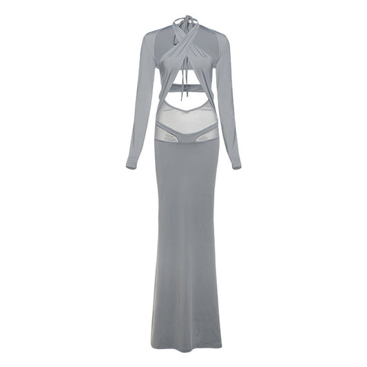 Spring Women Clothing Solid Color Slim Fit Long Sleeves Blouse Sexy Halter Lace up Dress Set