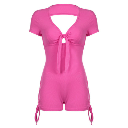 Summer Backless Drawstring Strap Sports Short Sleeved Jumpsuit Pleated Sexy Jumpsuit