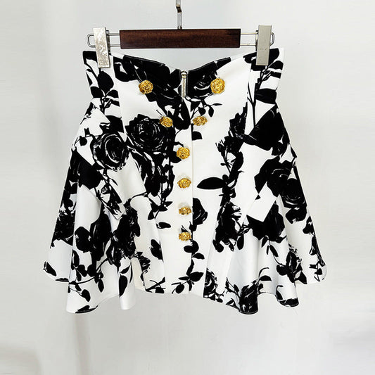 Star Tulip Waistline Rose Metal Buckle Printed Short Skirt Skirt
