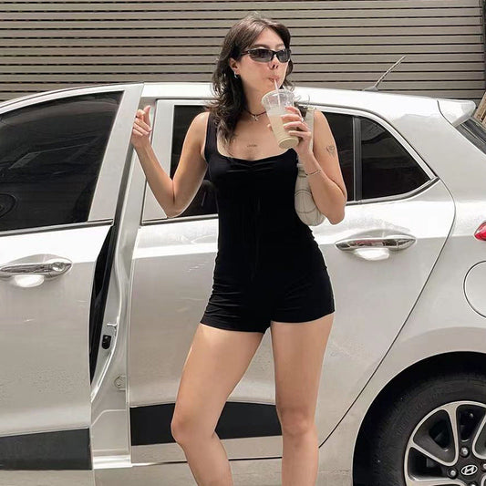 Casual Street Solid Color Square Collar Cross Hollow Out Cutout Backless Lace up Sports Jumpsuit Yoga Fitness One Piece Trousers