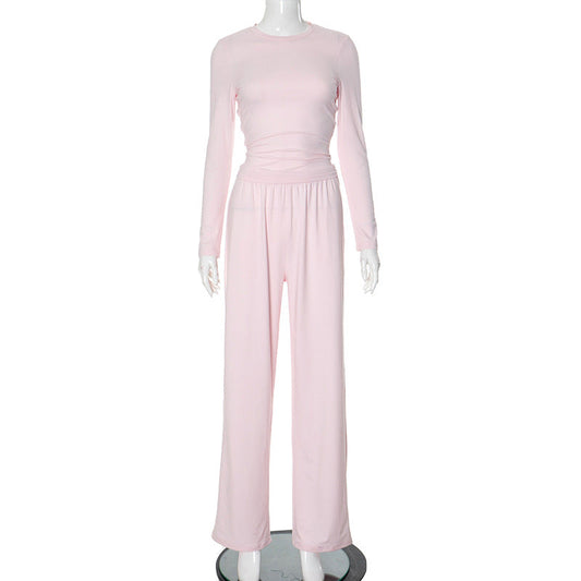 Women Autumn Casual Solid Color round Neck Long Sleeve Basic Wide Leg Pants Set