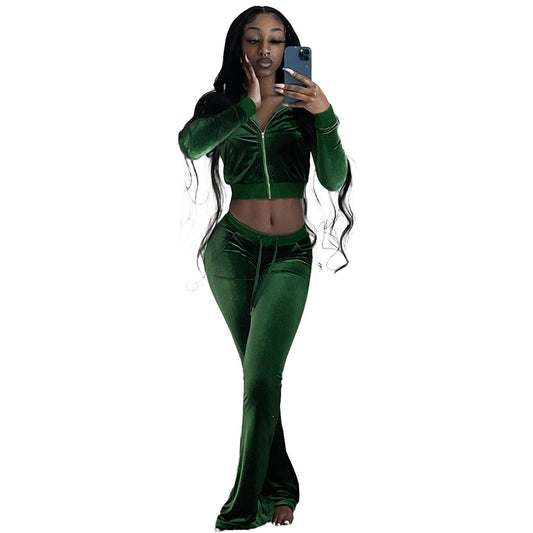 Women Clothing Two-Piece Korean Velvet Solid Color Long Sleeve Sexy cropped Casual Sports Suit