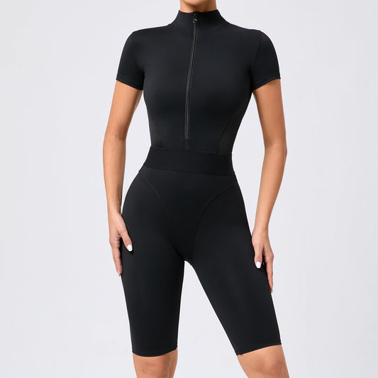 Tight Waist Open Collar Zipper Short Sleeve Yoga Jumpsuit Women Patchwork Fitness Tight Sports Jumpsuit