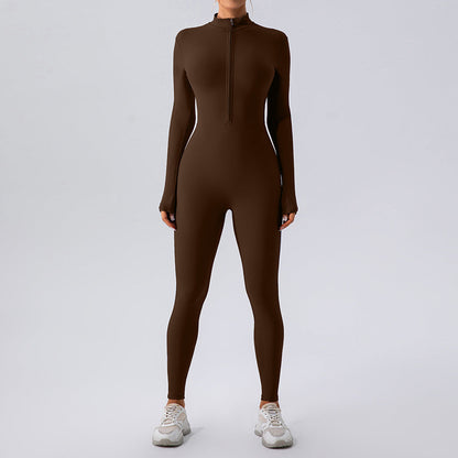 Zipper Nude Feel Long Sleeve Yoga Jumpsuit Women Sports Fitness Training Dance One Piece Bodysuit