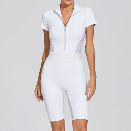 Tight Waist Open Collar Zipper Short Sleeve Yoga Jumpsuit Women Patchwork Fitness Tight Sports Jumpsuit