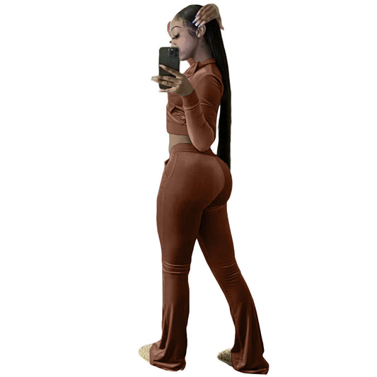 Women Clothing Two-Piece Korean Velvet Solid Color Long Sleeve Sexy cropped Casual Sports Suit