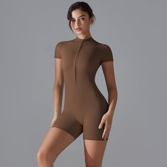 Summer Solid Color Zipper Short Sleeve Slim Fit Yoga Wear One Piece Women Dance Fitness Tight Sports Jumpsuit