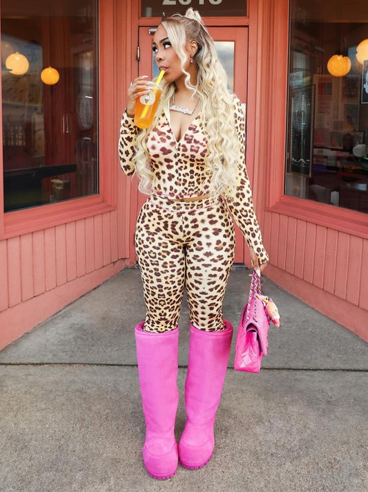 Women Clothing Arrival Girls Leopard Print Long Sleeve Hoodie Two Piece Sets