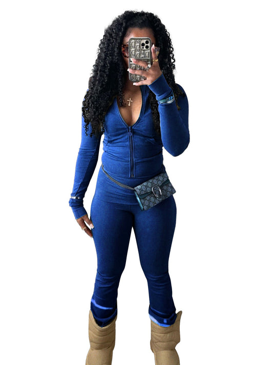 Women Clothing Sports Casual Tight Zipper Low Waist Fold Slightly Flared Fleece Lined Two Piece Sets
