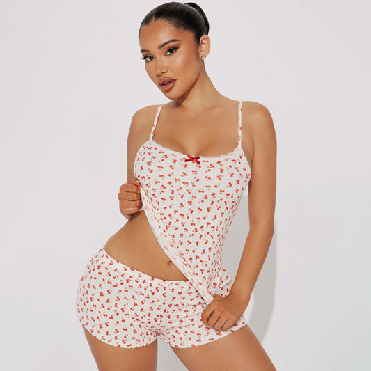 Cute Little Cherry Print Stitching Lace Girl Pajamas Pajamas Shorts Two Piece Set