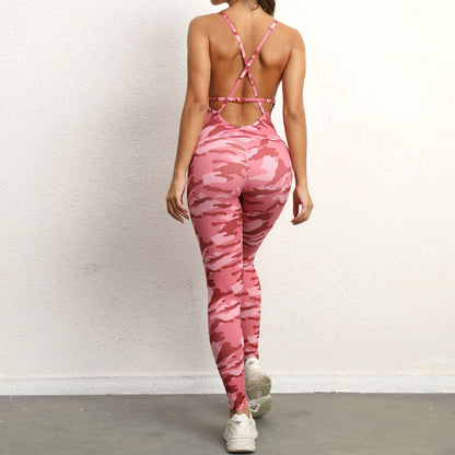 V neck No Embarrassment Line Yoga Fitness Jumpsuit Backless Hip Sports Jumpsuit Dance Pants Women