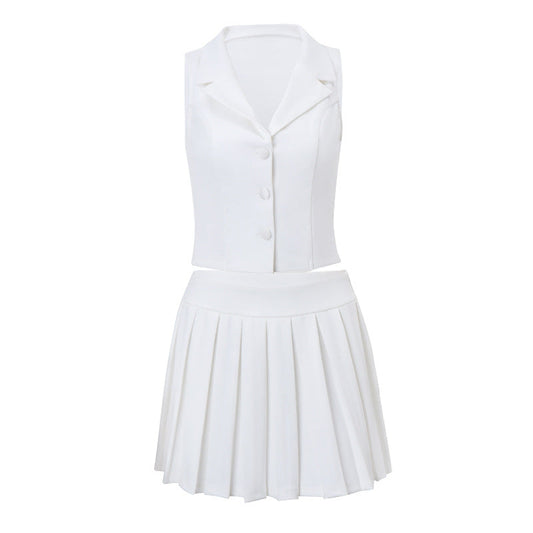 Women Clothing Spring Sexy V neck Vest Sexy Slim Fit Pleated Skirt Set