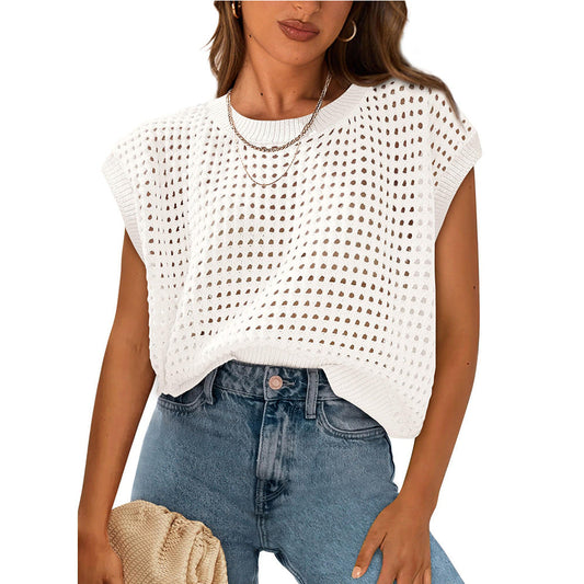 Summer Women Clothing Women round Neck Hollow Out Cutout Sun Protection Knitted Sweater Blouse