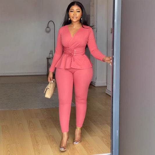 Solid Color V neck Waist Tight Stretch Long Sleeve Blouse Two Piece Pants Sets
