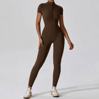 Zipper Short Sleeve Nude Feel Yoga Jumpsuit Women Outer Wear Fitness Sports One Piece Tights