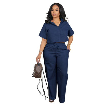 Women Clothing Suit Shirt Short Sleeved Two Piece Set Linen Casual Office Office Summer Sports Pants