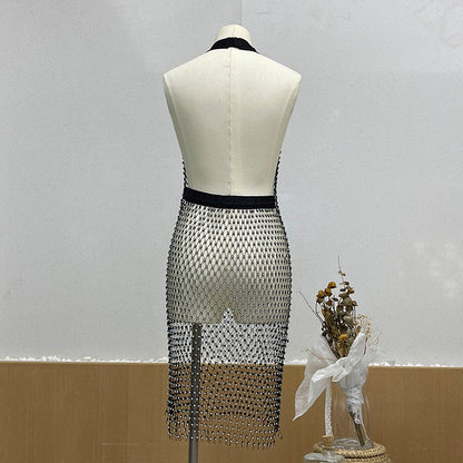 ¡¾MOQ-5 packs¡¿ Net Red Fish Grid Sparkling Rhinestone Halter Backless Dress Beach Cover Up