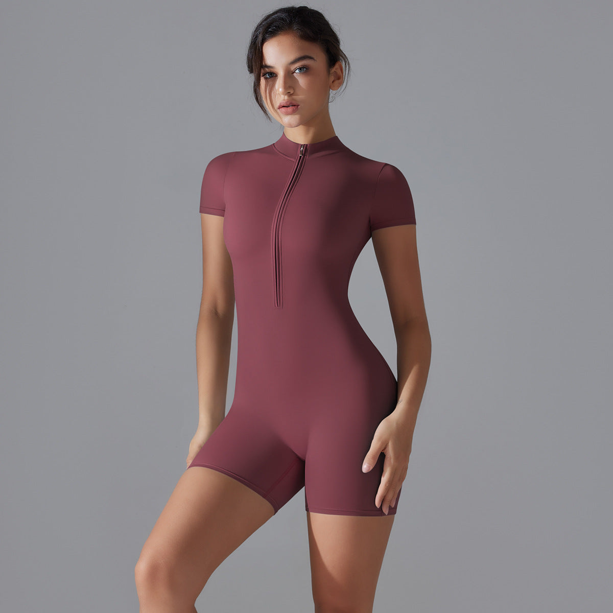 Summer Solid Color Zipper Short Sleeve Slim Fit Yoga Wear One Piece Women Dance Fitness Tight Sports Jumpsuit