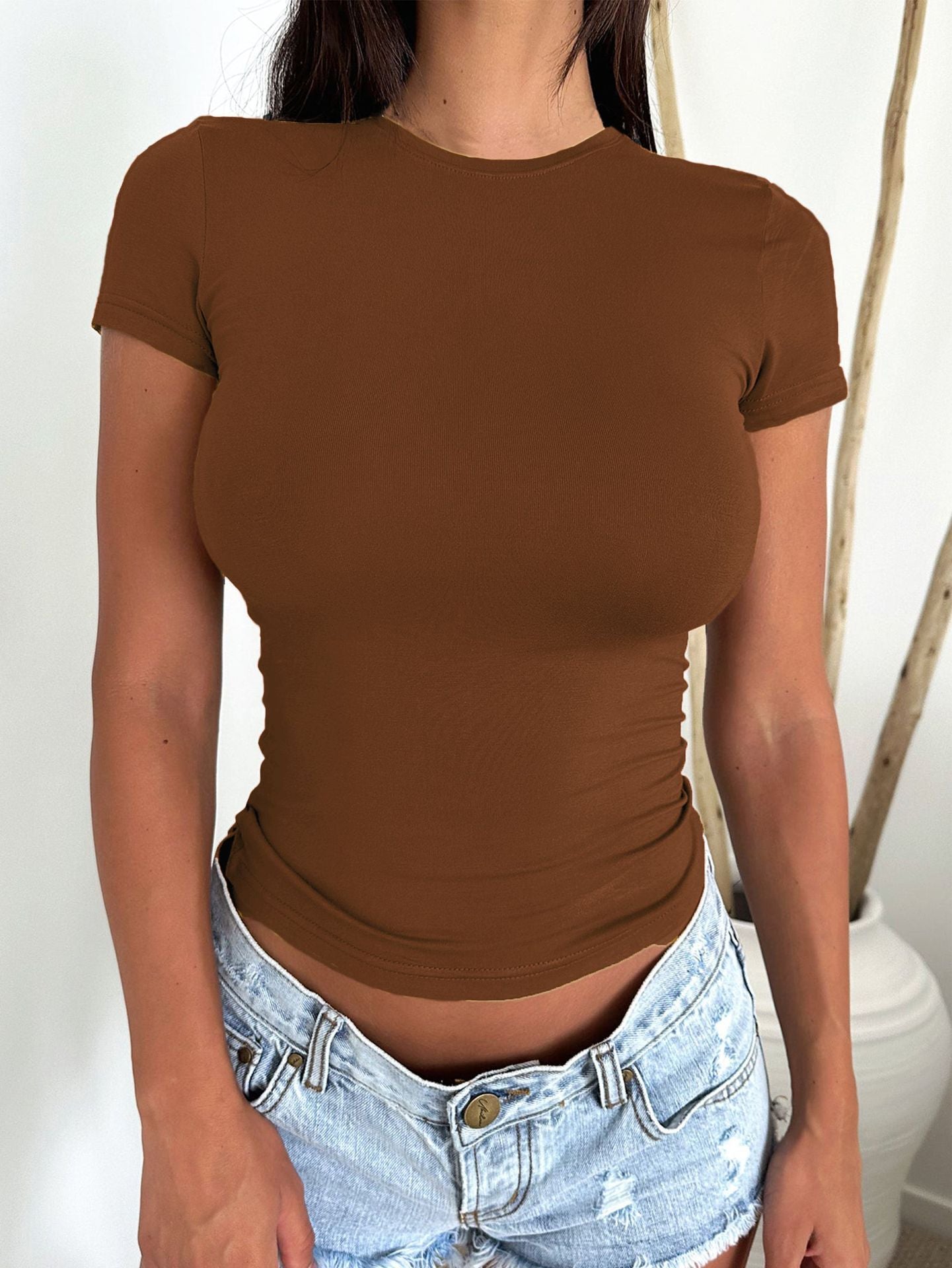 Summer Sexy Girls Slim Slimming Solid Color Short Sleeve T shirt Top