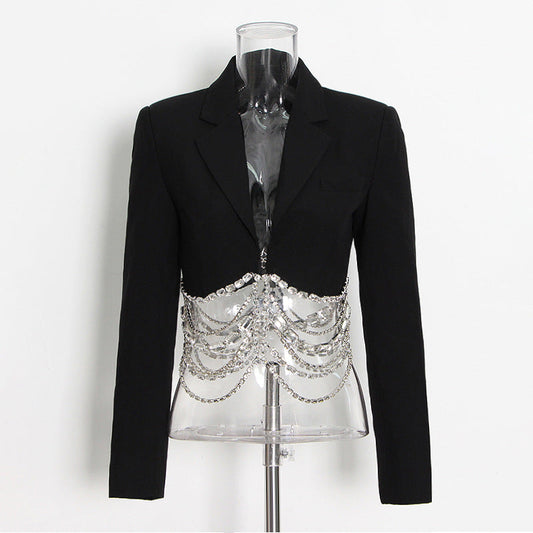 Skirt Set Autumn Rhinestone Chain Stitching Black Short Sheath Slim Skirt