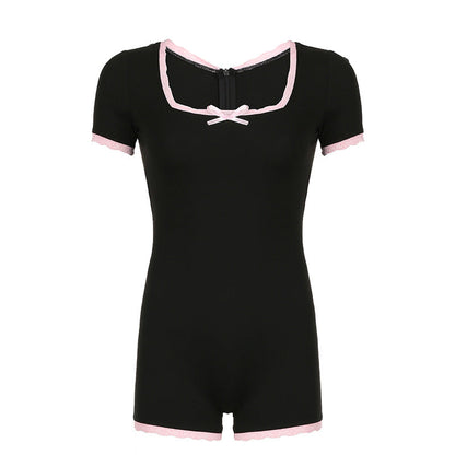 Summer Bow Contrast Color Lace Stitching Square Collar Sexy Girl Tight Jumpsuit Shorts