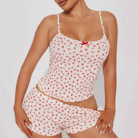 Cute Little Cherry Print Stitching Lace Girl Pajamas Pajamas Shorts Two Piece Set