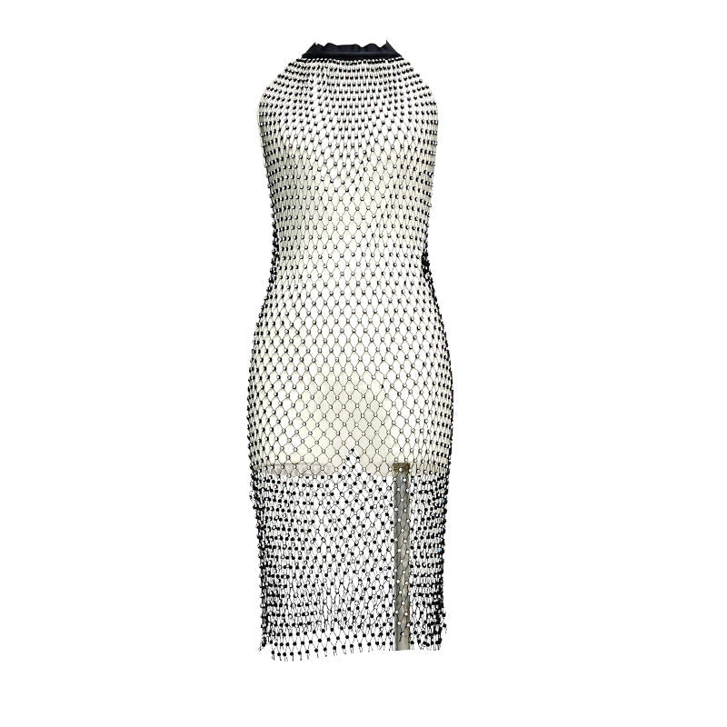 ¡¾MOQ-5 packs¡¿ Net Red Fish Grid Sparkling Rhinestone Halter Backless Dress Beach Cover Up