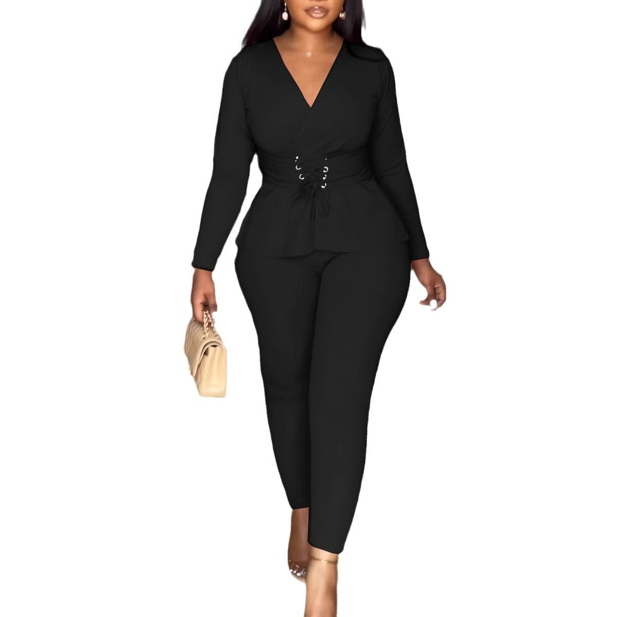 Solid Color V neck Waist Tight Stretch Long Sleeve Blouse Two Piece Pants Sets