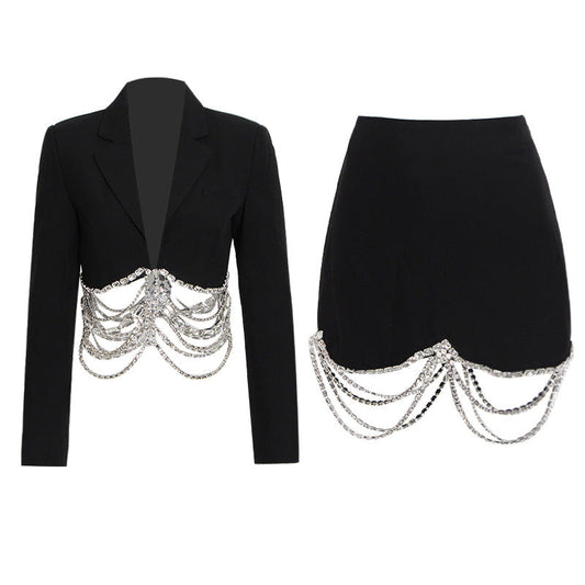 Skirt Set Autumn Rhinestone Chain Stitching Black Short Sheath Slim Skirt
