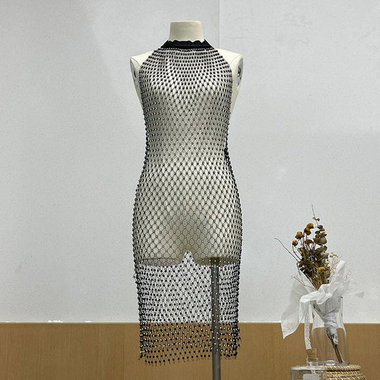 ¡¾MOQ-5 packs¡¿ Net Red Fish Grid Sparkling Rhinestone Halter Backless Dress Beach Cover Up