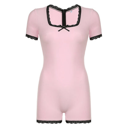 Summer Bow Contrast Color Lace Stitching Square Collar Sexy Girl Tight Jumpsuit Shorts