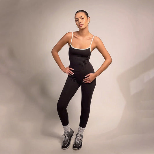 Women Clothing Edge Adjustable Sling Jumpsuit Contrast Color Tight Sexy Yoga Sports One Piece Trousers