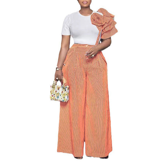 Round Neck Short Sleeve Striped Contrast Color Wide Leg Pants Two Piece Sets