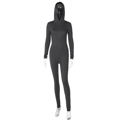 Women Clothing Winter Solid Color Long Sleeve Hooded Backless Slim Fit Sports Jumpsuit Women