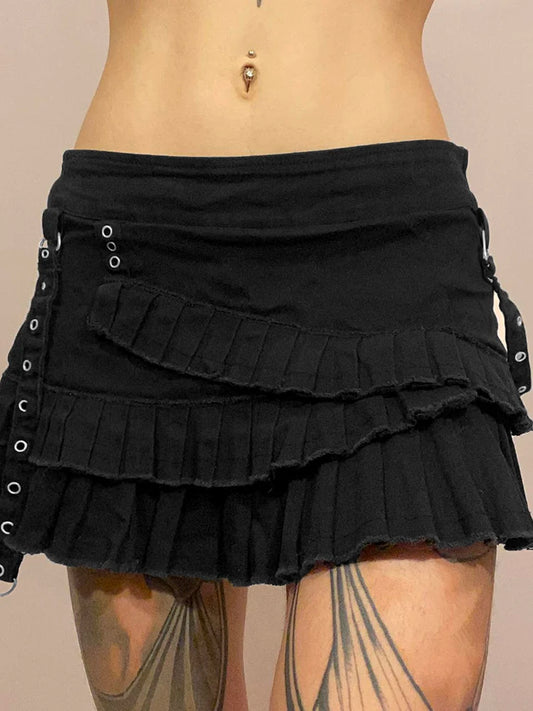 Punk Gothic Black Eyelet Ribbon Denim Skirt Women Low Waist Asymmetrical Tiered Pleated Short Jean Skirts Y2K