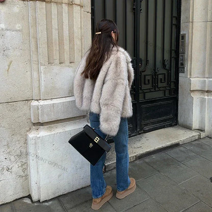 Chic Street Girls Gradient Faux Fur Jacket Women Winter  Brand Fashion Fluffy Fox Fur Coat Female Luxury Outerwear