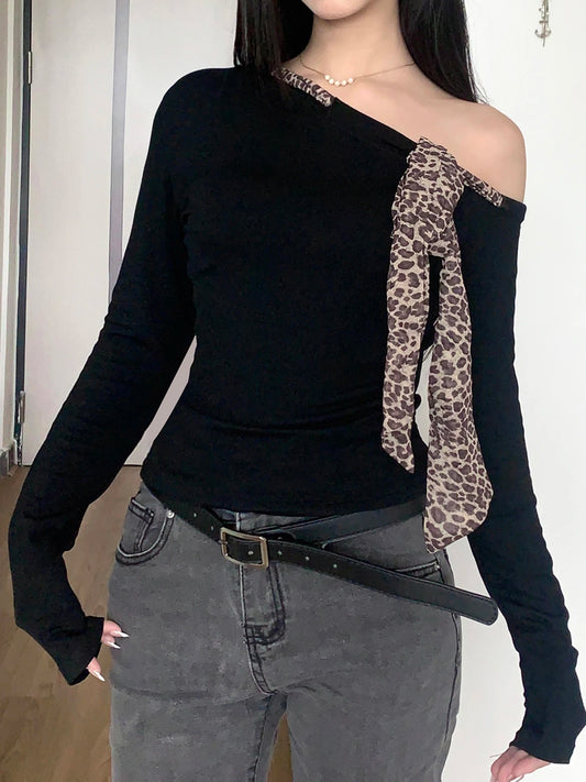Design Skew Collar Leopard Lace-Up Top Tees s Autumn Women Trendy Clothes Long Sleeve Slim Y2k Blouse New