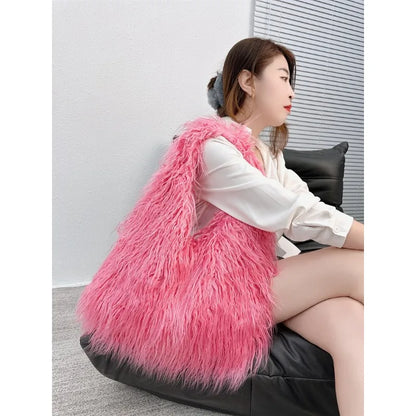 Y2k Kpop Girls Hot Fluffy Furry Shoulder Bags for Women Trend  Luxury Brand Designer Faux Fur Big Tote Bag Harajuku Handbags
