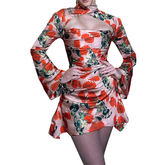 y2k Women Corset Dress Floral Flared Sleeve A Line Dresses Sexy Ladies Hollow Out Party Mini Dress Spring Summer Outfit